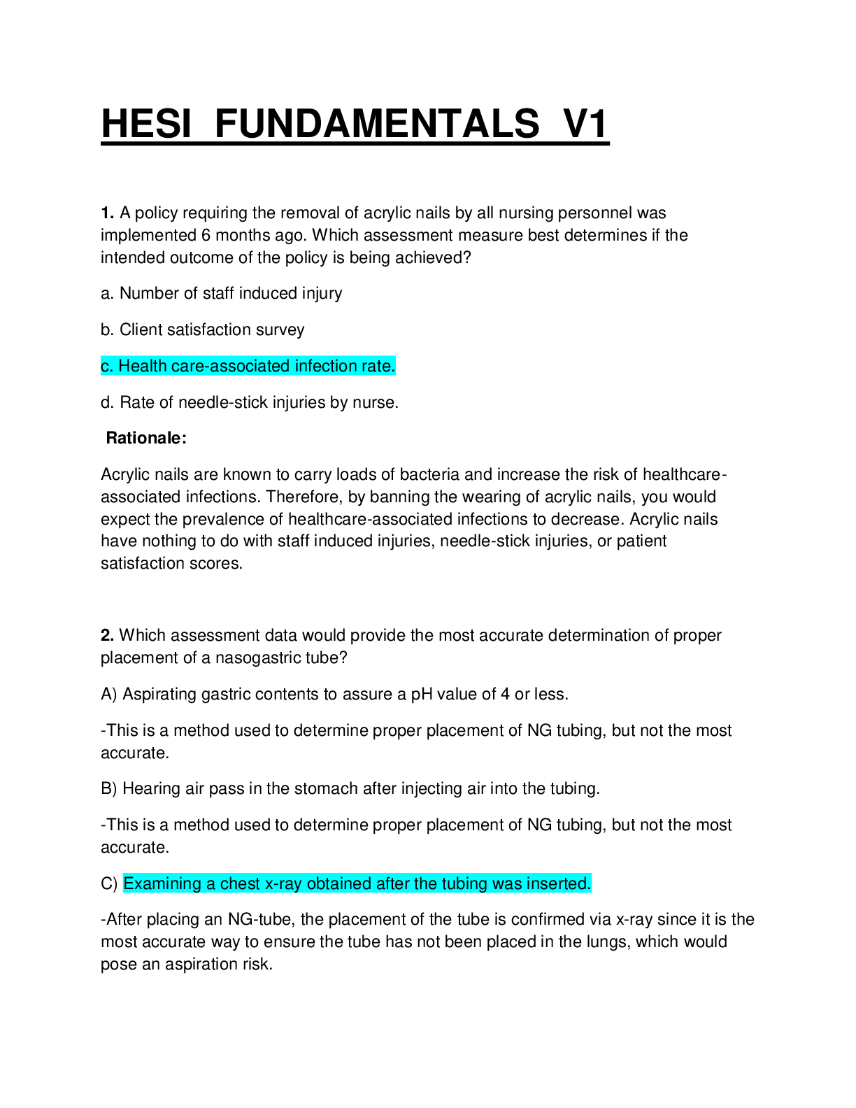 Preview image for HESI FUNDAMENTALS EXIT EXAM VERSION 1. QUESTIONS AND ANSWERS WITH RATIONALES.